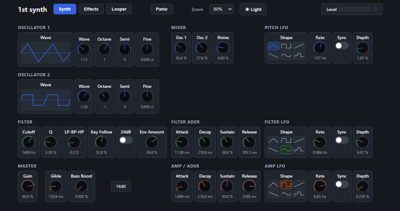 First Synth GUI screenshot (Synth page)